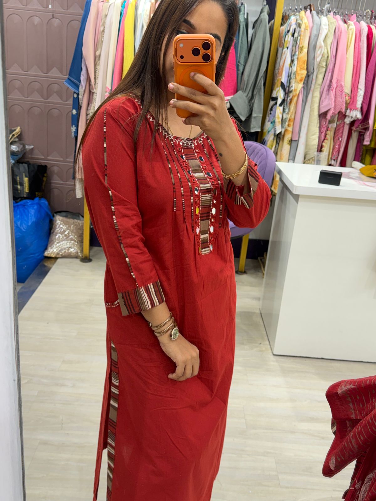 "Kesari" - Rust Red Suit Set with Pockets and Dual Shade Dupatta