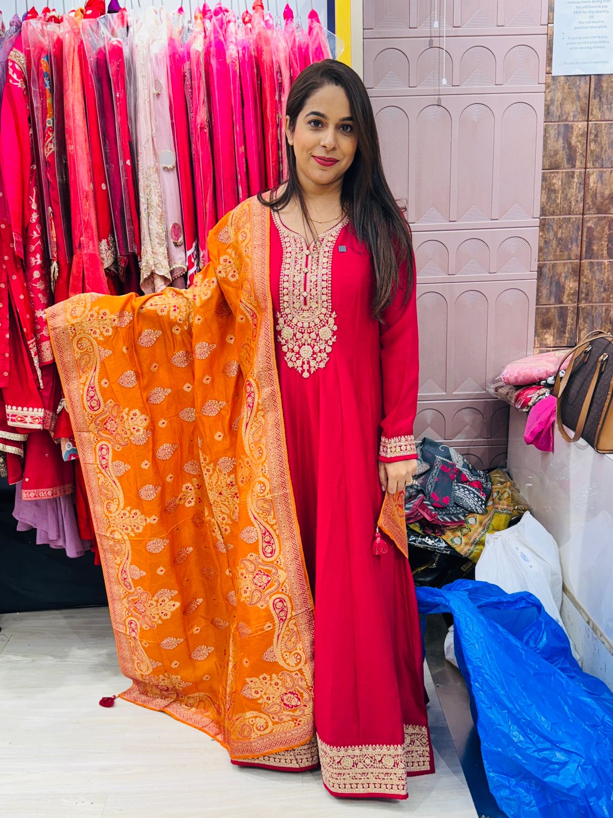 "Zylora"- Anarkali Embroidered Suit Set with Contrasting Heavy Dupatta