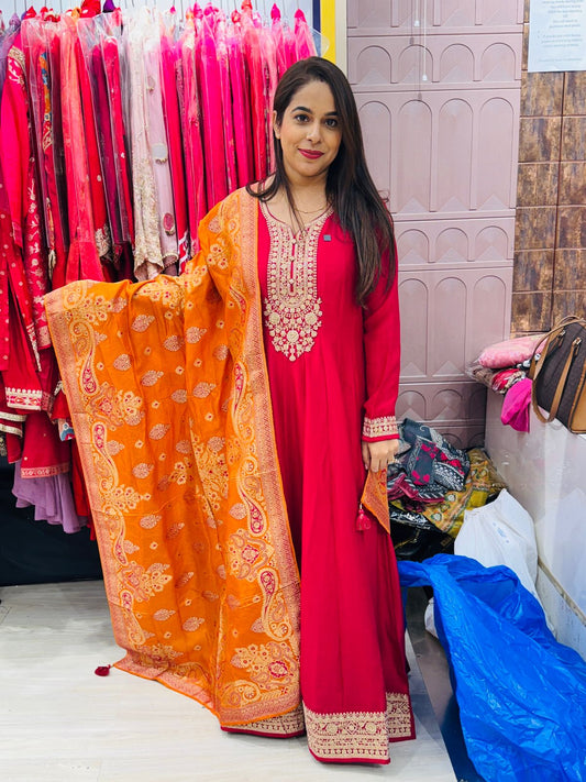 "Zylora"- Anarkali Embroidered Suit Set with Contrasting Heavy Dupatta