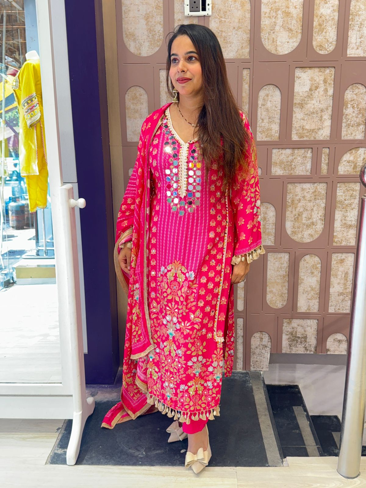 Hot Pink Floral Stitched Suit with Mirror Work Detailling