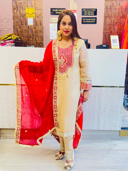 "Ishya"- 3 Piece Heavy Work Beige Suit Set with Tassel Detailing