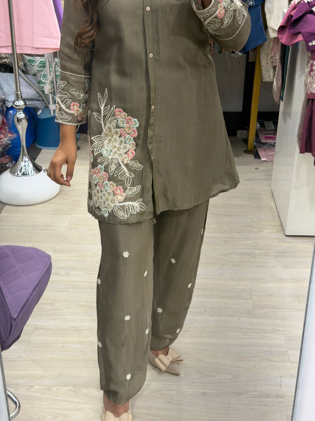"Nayari" - Olive Green Floral Embroidered Coord Set
