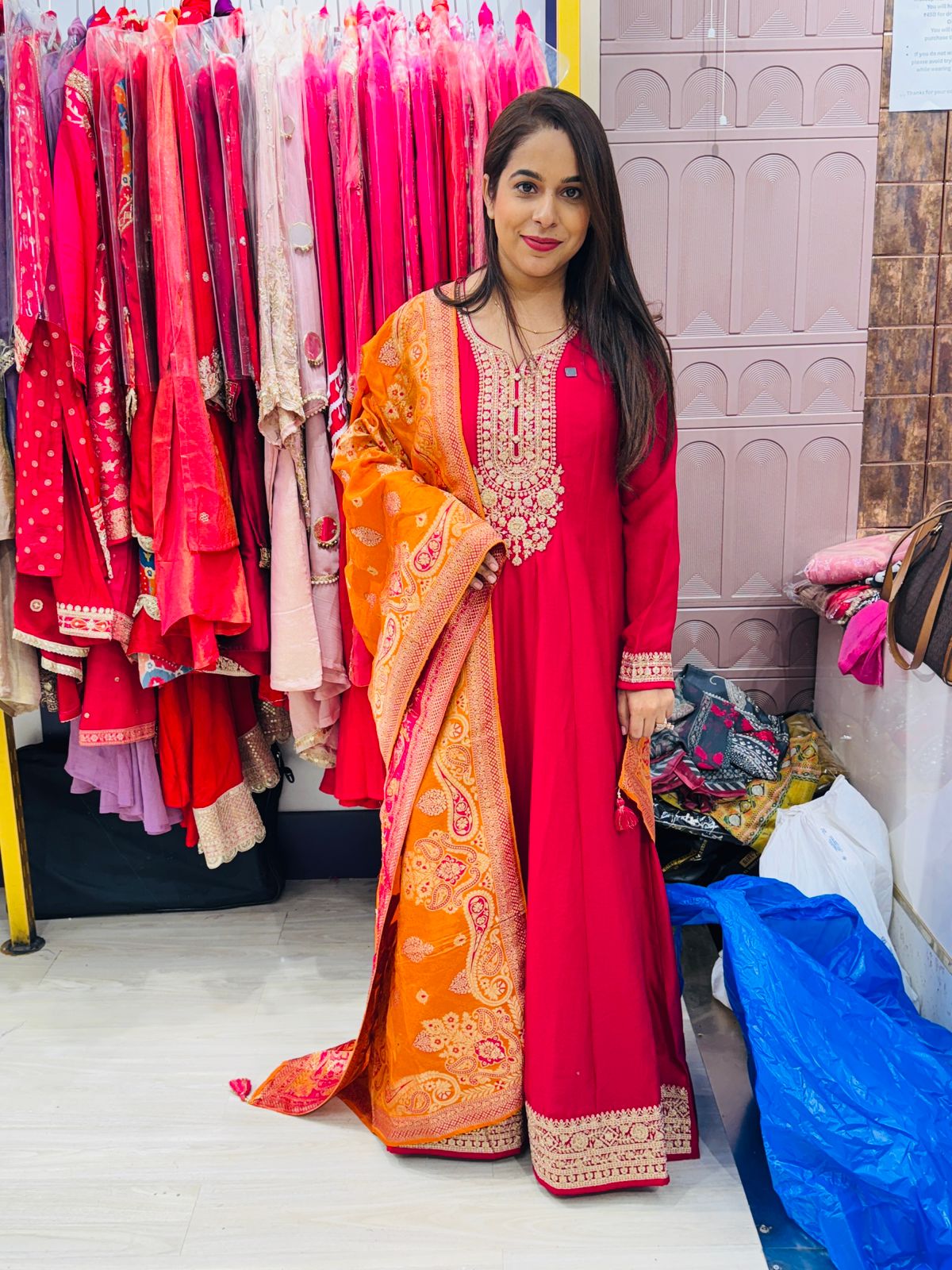 "Zylora"- Anarkali Embroidered Suit Set with Contrasting Heavy Dupatta