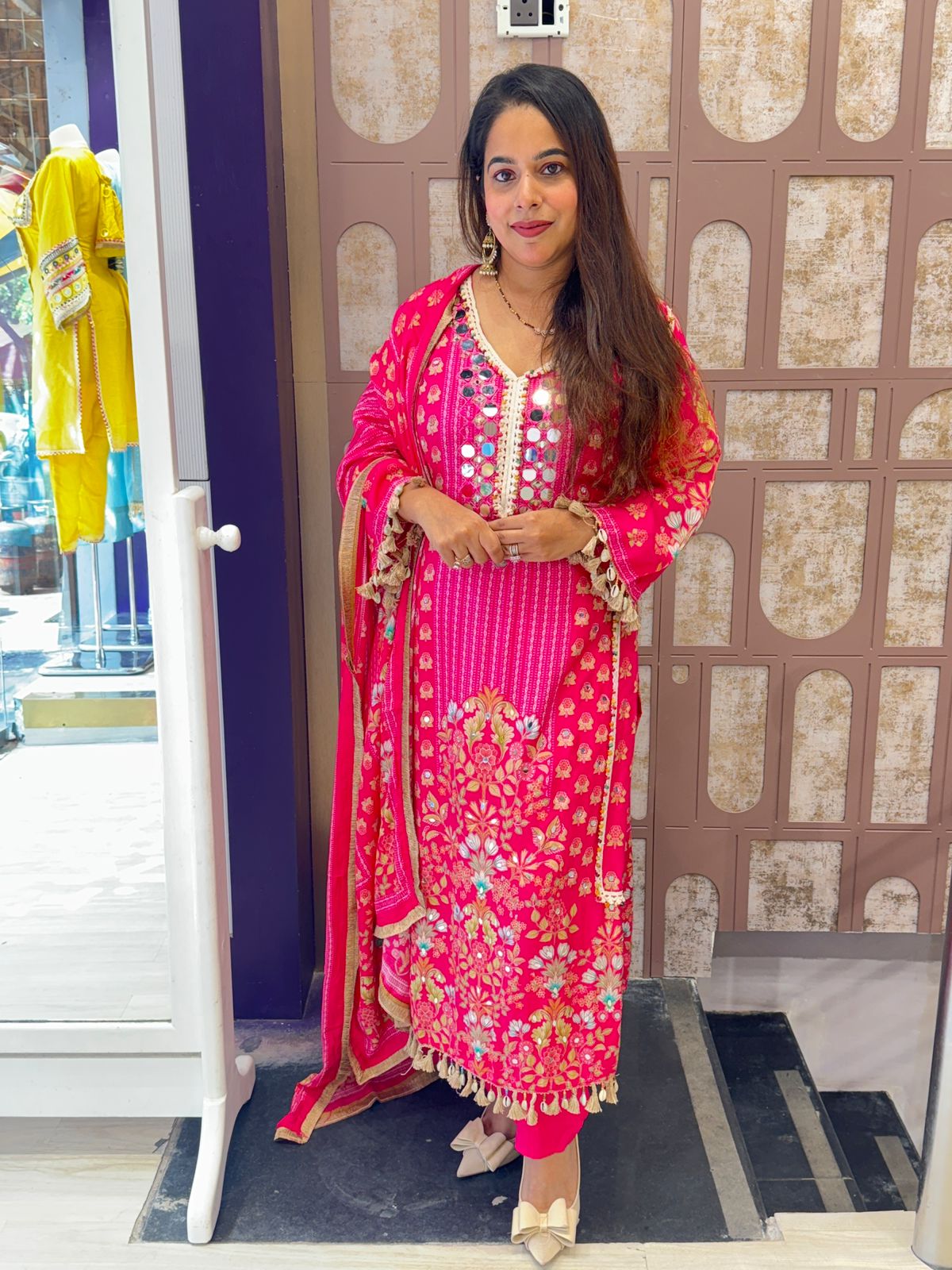 Hot Pink Floral Stitched Suit with Mirror Work Detailling
