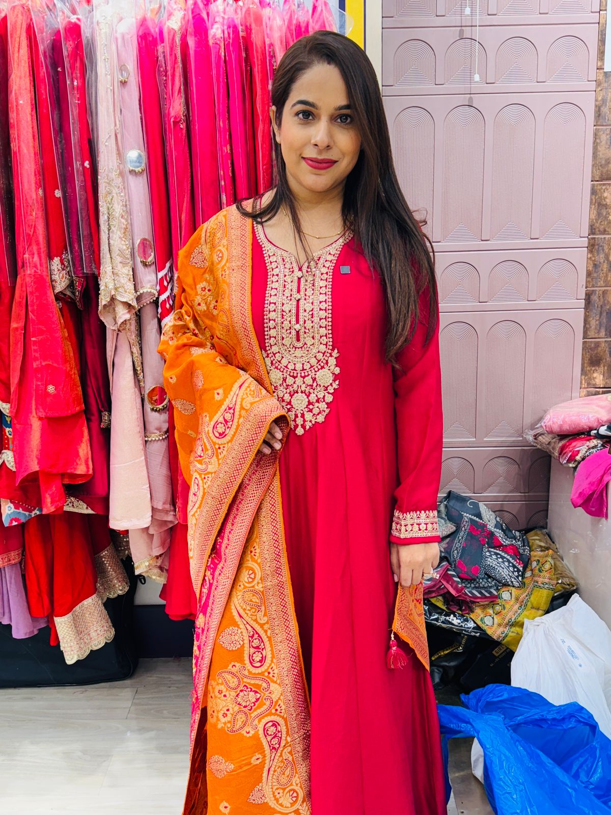 "Zylora"- Anarkali Embroidered Suit Set with Contrasting Heavy Dupatta