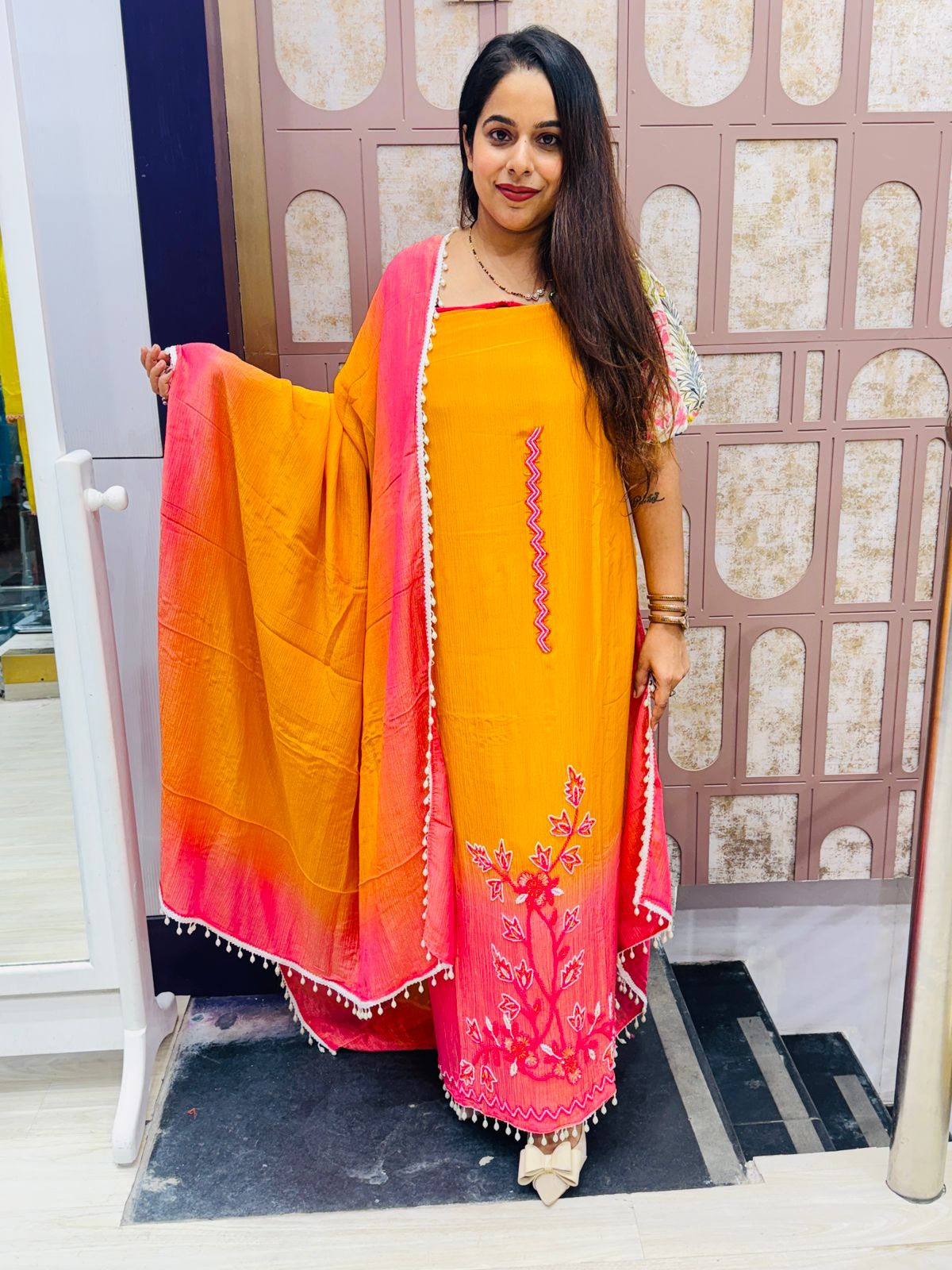 Orange-Pink Crushed Tissue Unstitched Suit with Embroidery