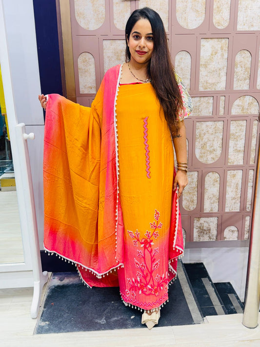 Orange-Pink Crushed Tissue Unstitched Suit with Embroidery