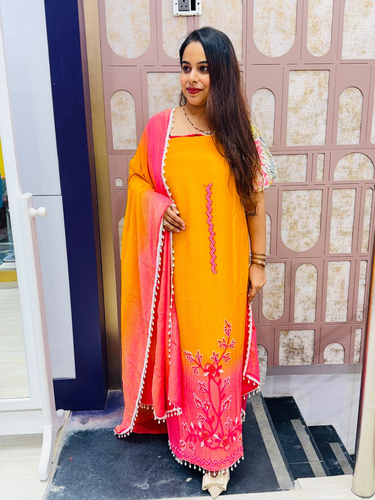Orange-Pink Crushed Tissue Unstitched Suit with Embroidery