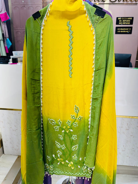 Yellow-Green Crushed Tissue Unstitched Suit with Embroidery