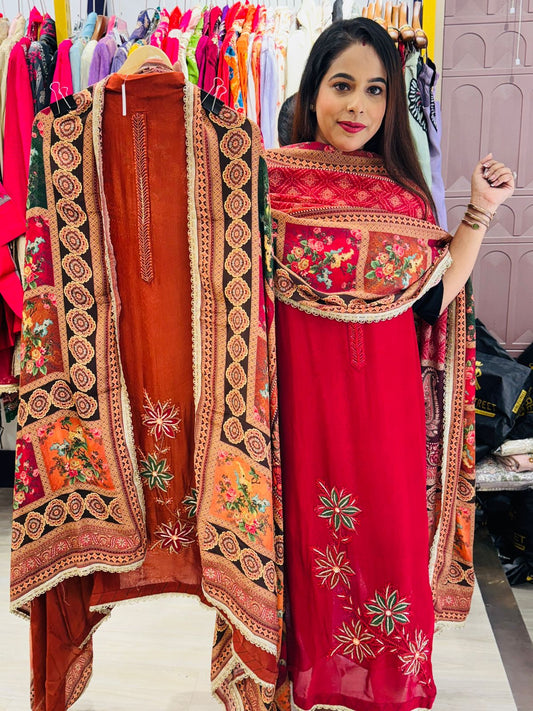 Unstitched Embroidered Suit with Digital Print Dupatta