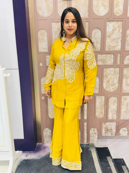 Yellow Chinon Co-ord Set with Heavy Embroidery