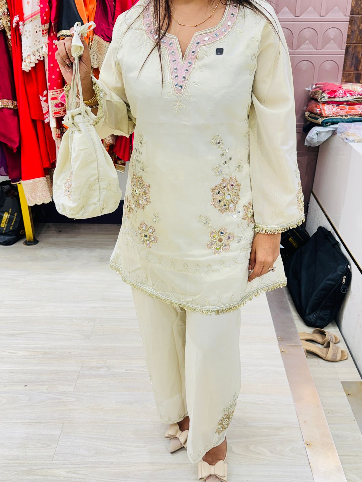 "Zahira"- 3 Piece Ivory Beige Co-ord Set with Potli Bag