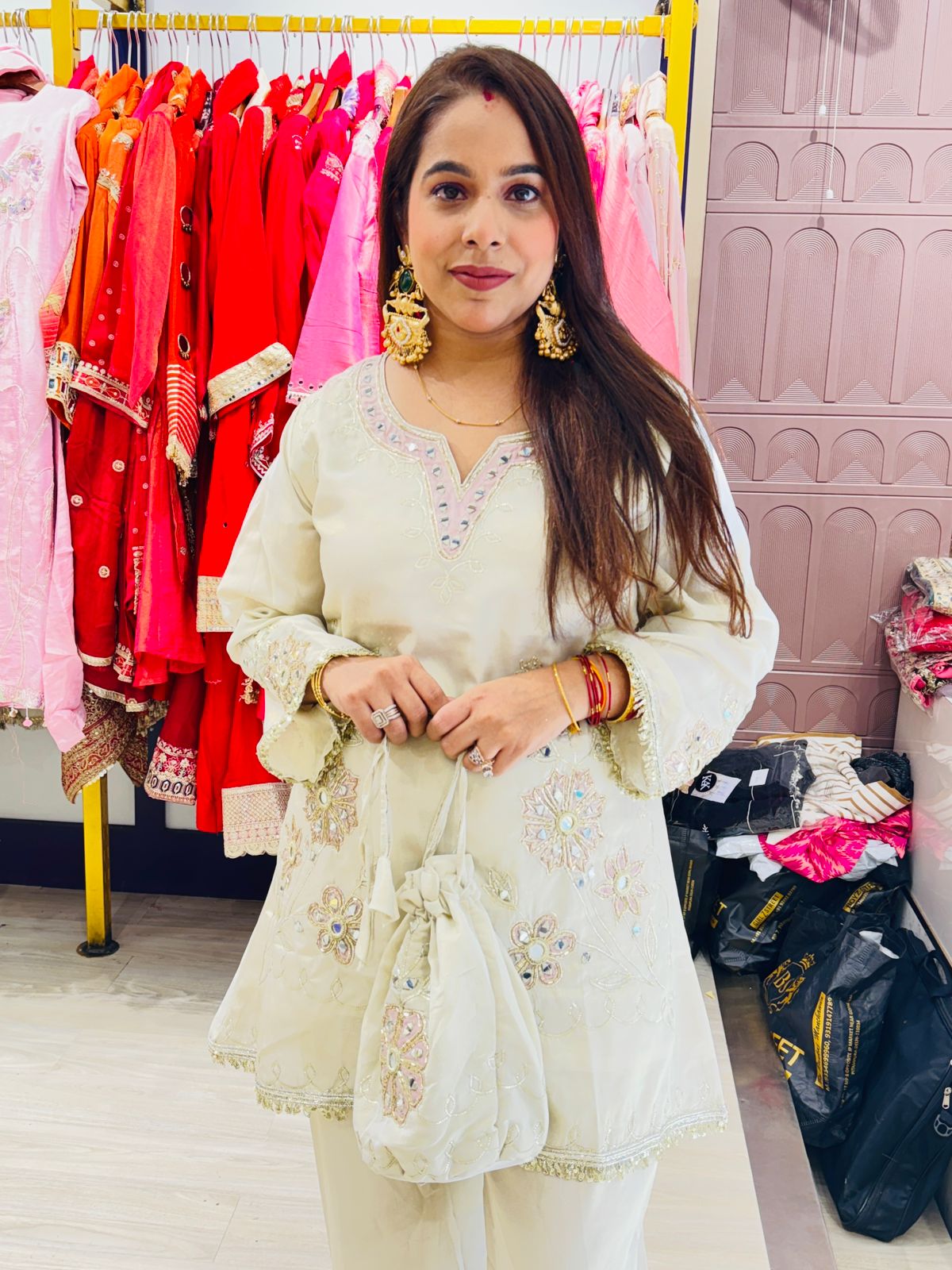 "Zahira"- 3 Piece Ivory Beige Co-ord Set with Potli Bag
