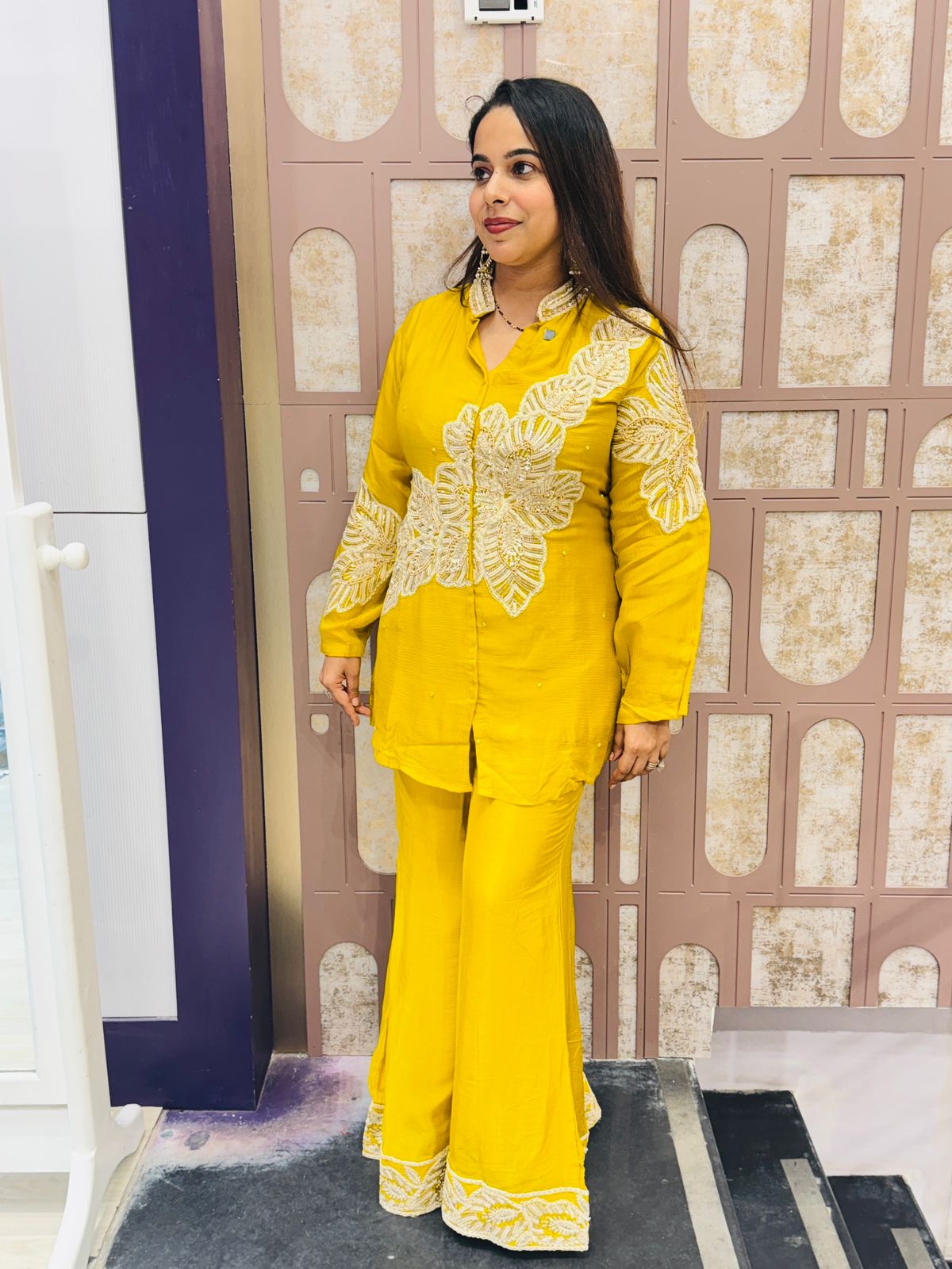 Yellow Chinon Co-ord Set with Heavy Embroidery
