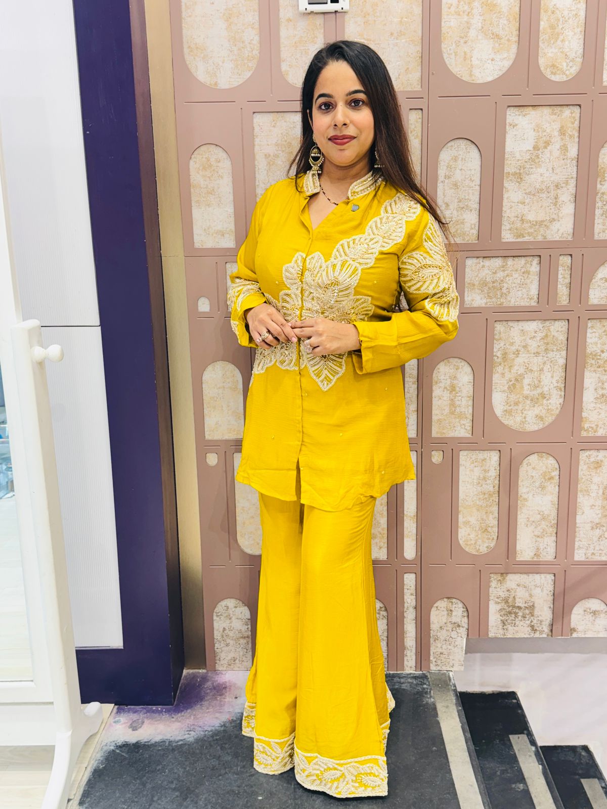 Yellow Chinon Co-ord Set with Heavy Embroidery