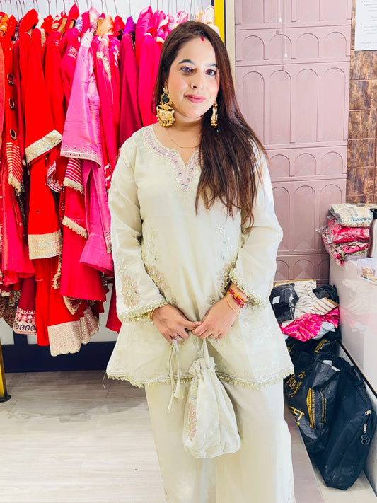"Zahira"- 3 Piece Ivory Beige Co-ord Set with Potli Bag