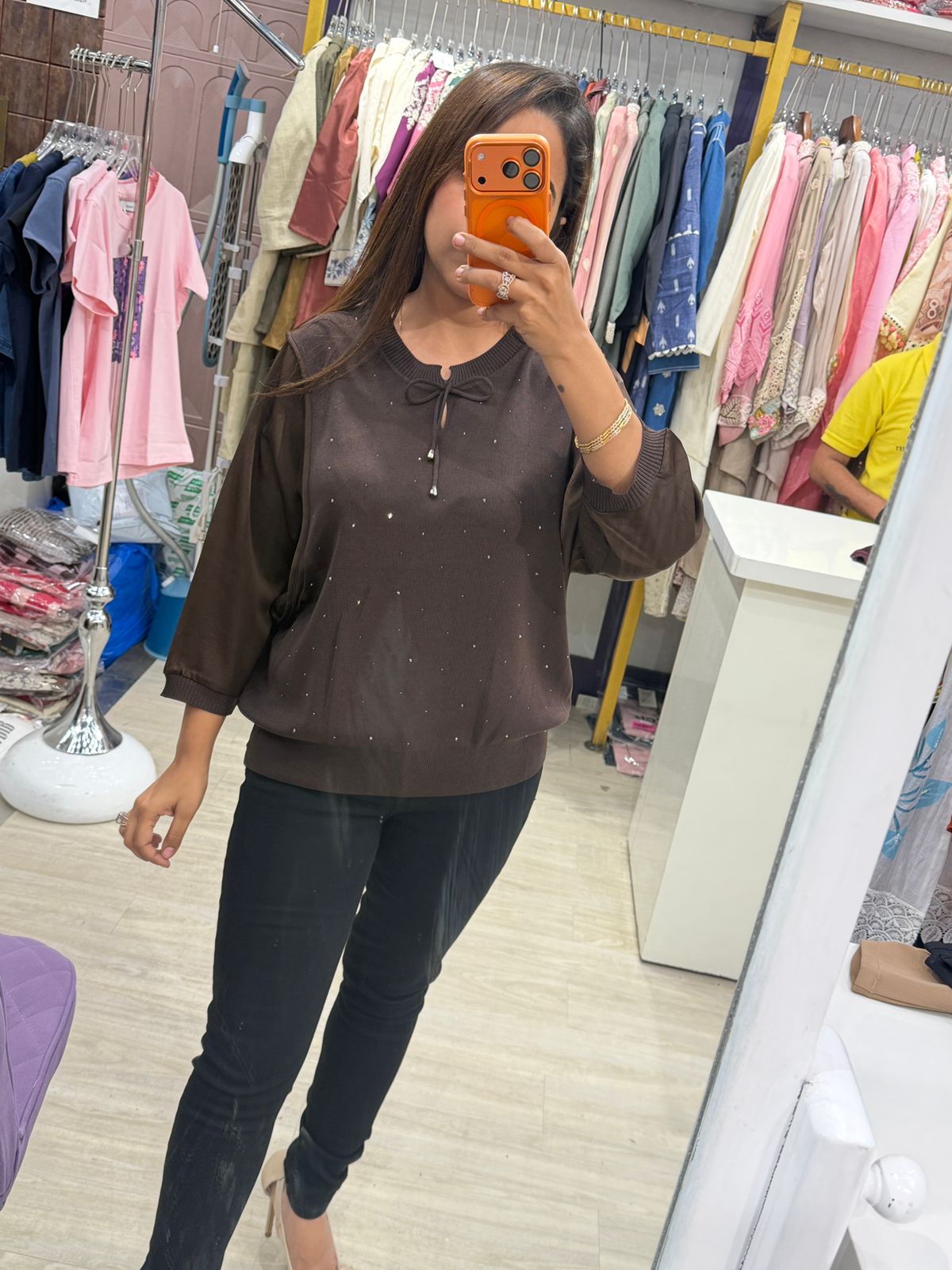 "Midnight Charm" - Embellished Top with Tie-Up Neck (Available in 4 Colours)
