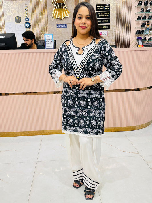 Black & White Embroidered Farzi Salwar Suit Set for Women