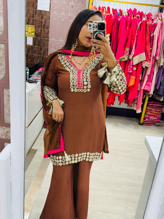 Brown Color Stitched Suit with Mirror Work Detailling & Dupatta