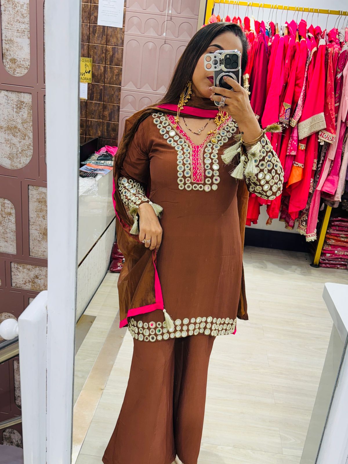 Brown Color Stitched Suit with Mirror Work Detailling & Dupatta