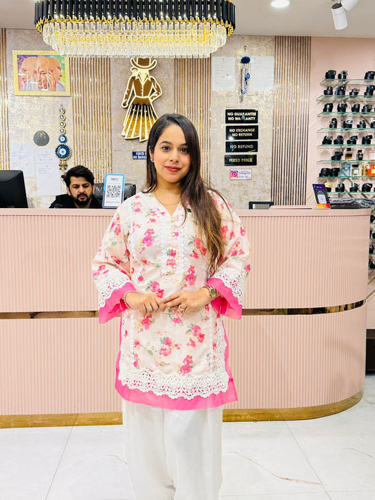 Floral Printed Pink & White Stitched Suit for Women