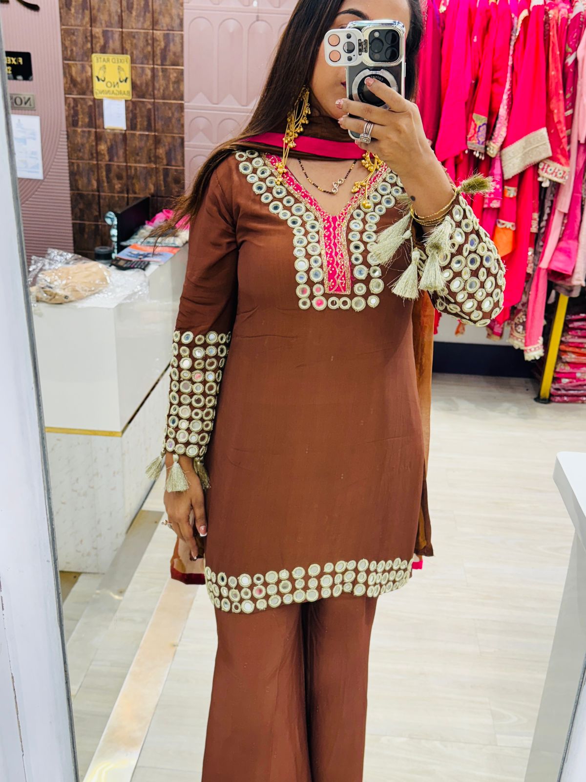 Brown Color Stitched Suit with Mirror Work Detailling & Dupatta
