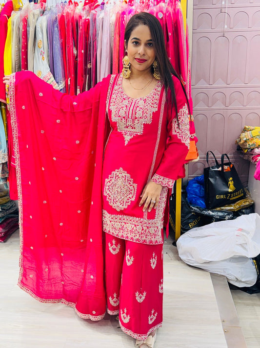 "Aurora"- 3 Piece Hot Pink Embroidered Suit Set