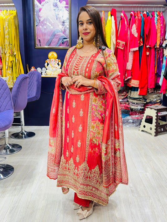 "Hoor"- 3 Piece Peachish Pink Embroidered Anarkali Suit Set with Matching Dupatta