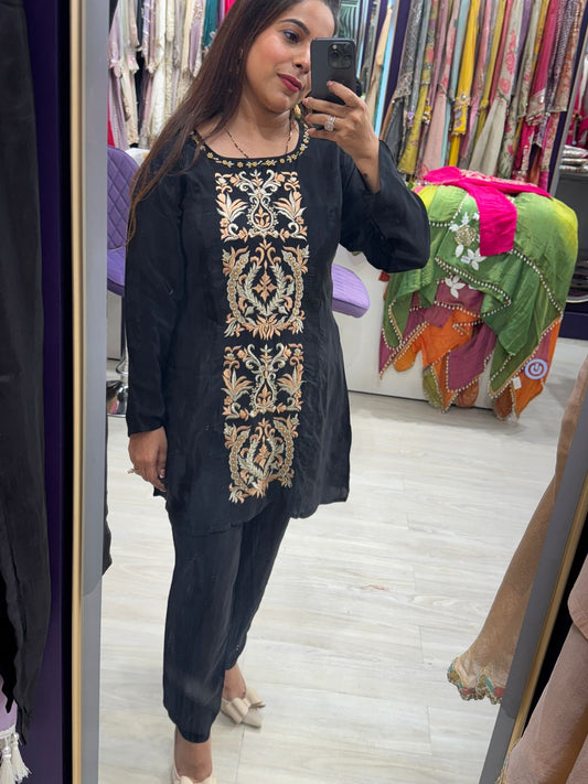 Black Two Piece Pure Crepe Co-ord Set with full Vertical Embroidery