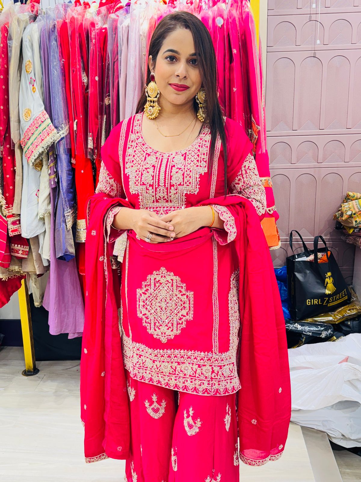 "Aurora"- 3 Piece Hot Pink Embroidered Suit Set