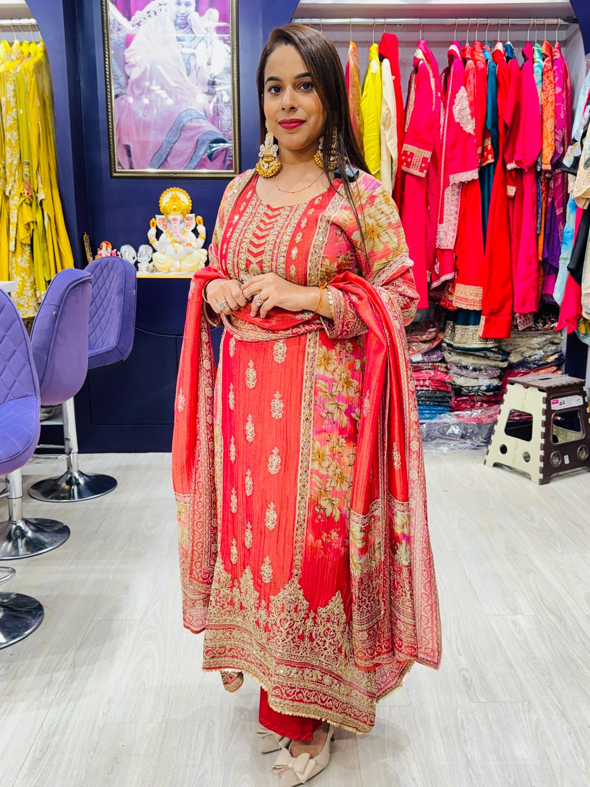 "Hoor"- 3 Piece Peachish Pink Embroidered Anarkali Suit Set with Matching Dupatta
