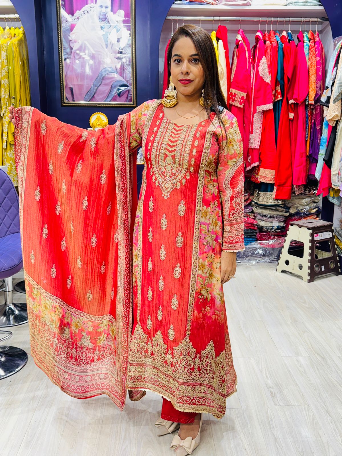 "Hoor"- 3 Piece Peachish Pink Embroidered Anarkali Suit Set with Matching Dupatta