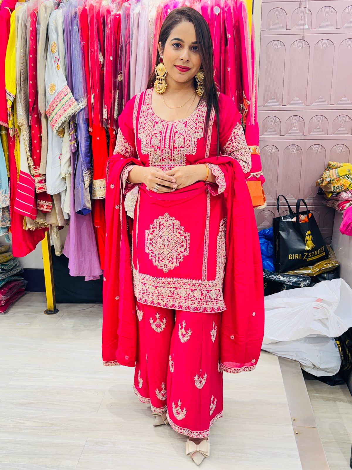"Aurora"- 3 Piece Hot Pink Embroidered Suit Set