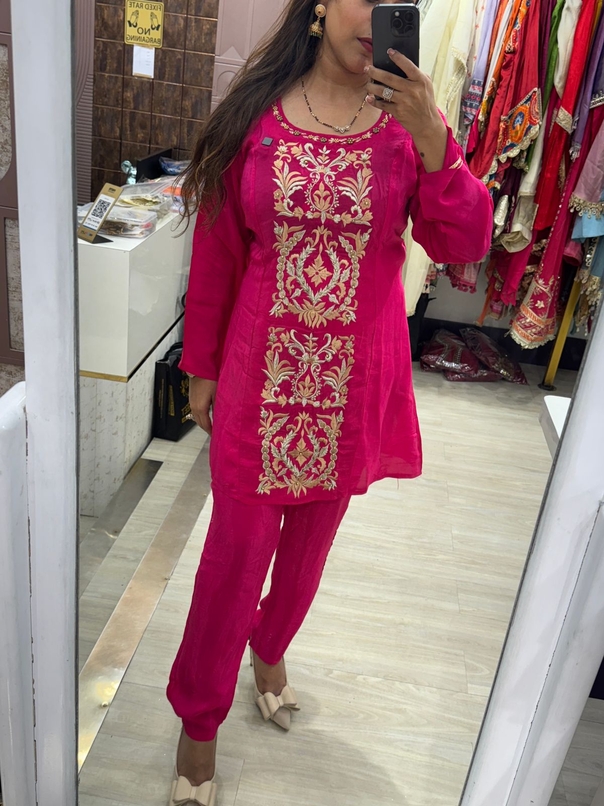 Magenta Coloured Two Piece Pure Crepe Co-ord Set with full Vertical Embroidery