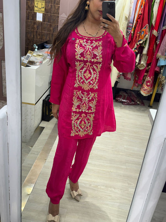 Magenta Coloured Two Piece Pure Crepe Co-ord Set with full Vertical Embroidery