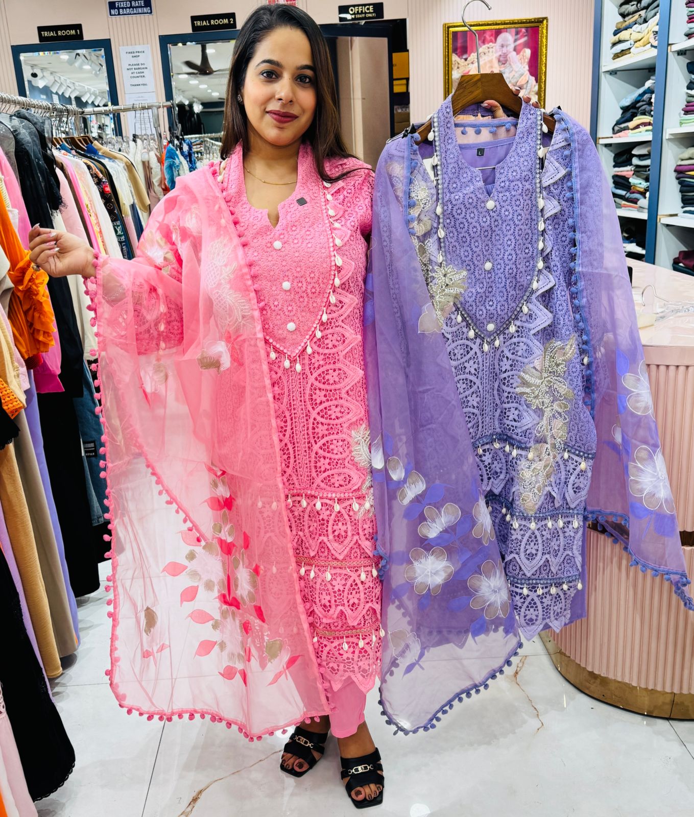 3D Lace Embroidered Suit Set with Cowrie Shell Tassels