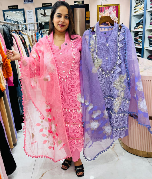 3D Lace Embroidered Suit Set with Cowrie Shell Tassels