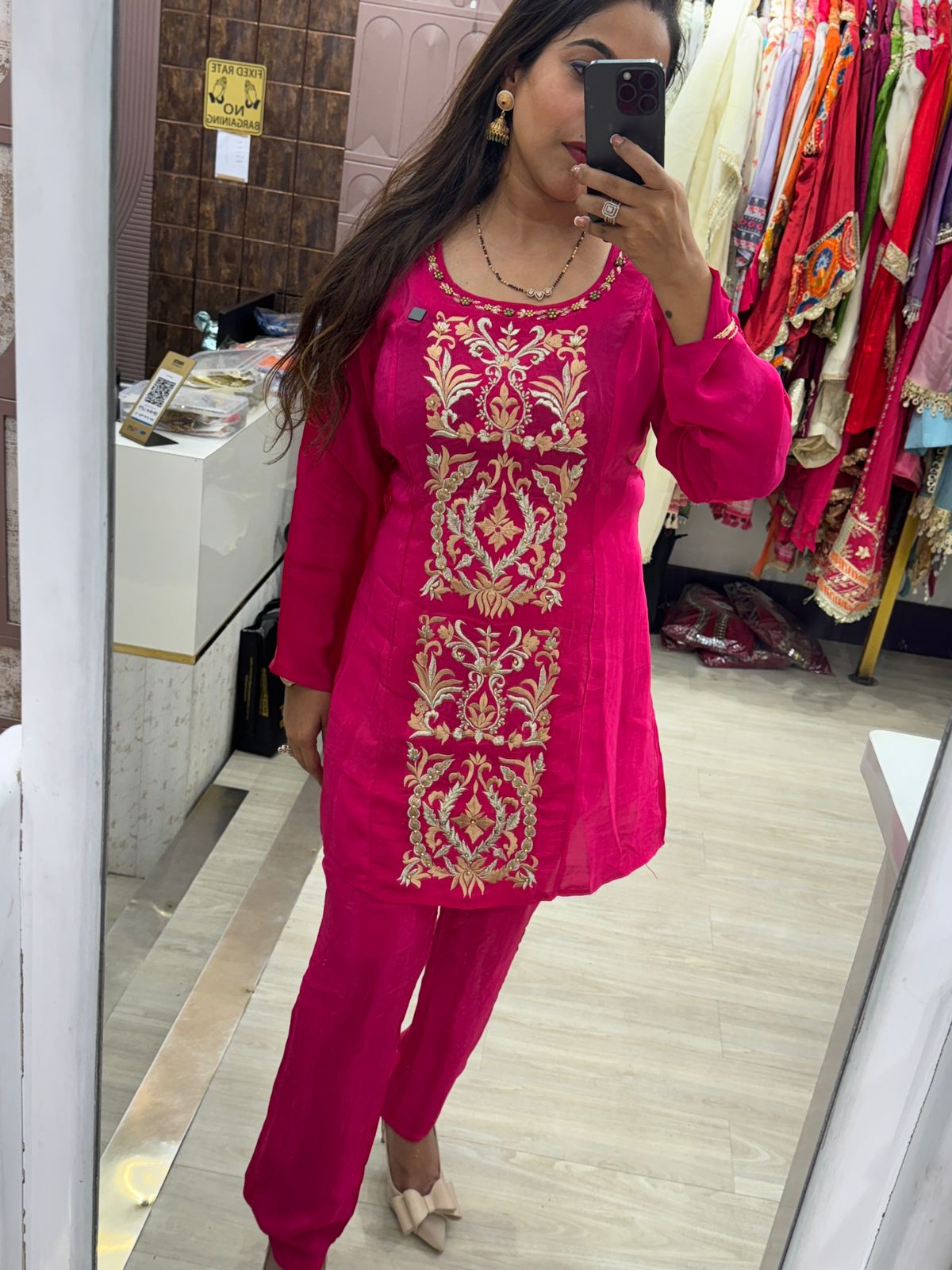 Magenta Coloured Two Piece Pure Crepe Co-ord Set with full Vertical Embroidery