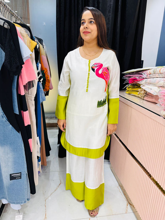 White & Lime Green Embroidered Flamingo Co-ord Set for Women