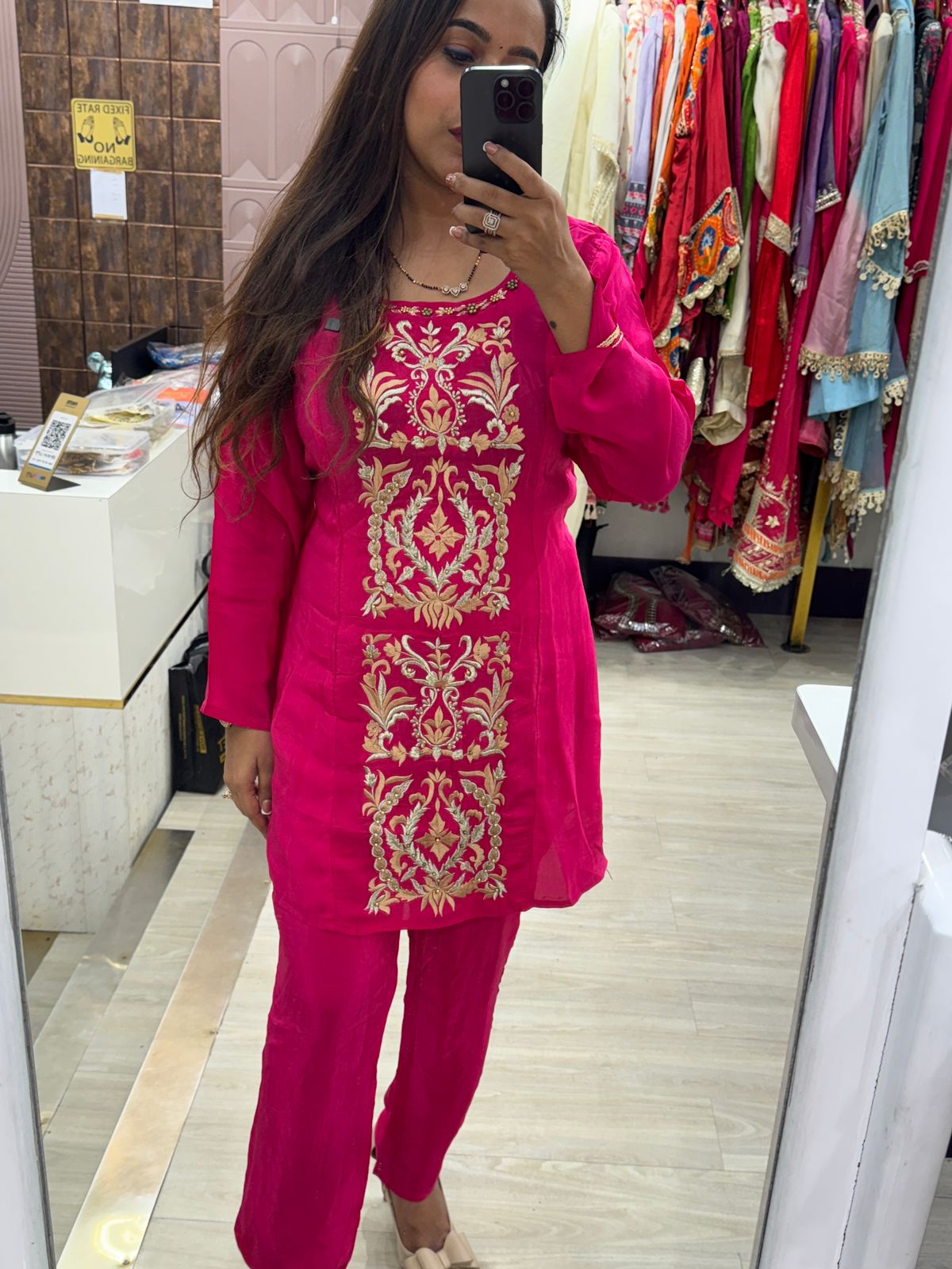 Magenta Coloured Two Piece Pure Crepe Co-ord Set with full Vertical Embroidery