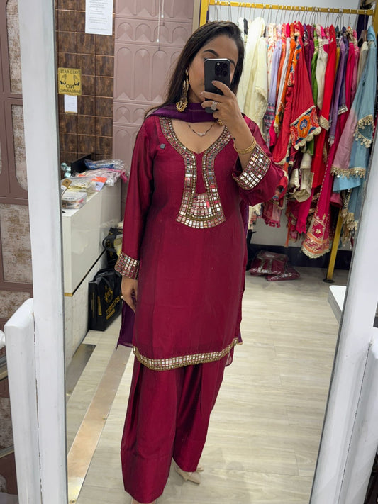 Wine Coloured Readymade Suit With Mirror Detailing & Dual Shade Dupatta