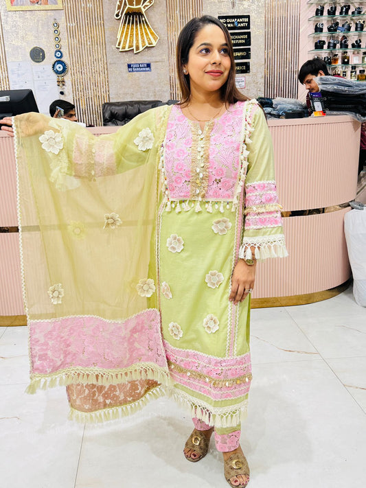 Pastel Green & Pink Embroidered Suit Set for Women