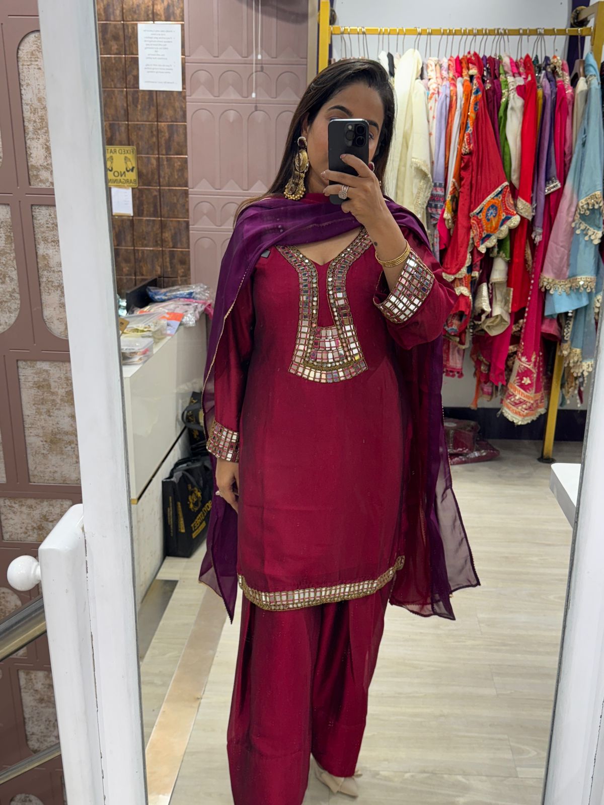 Wine Coloured Readymade Suit With Mirror Detailing & Dual Shade Dupatta