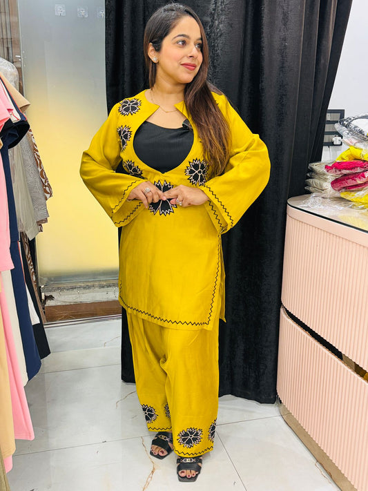 Mustard Yellow Embroidered Co-ord Set for Women