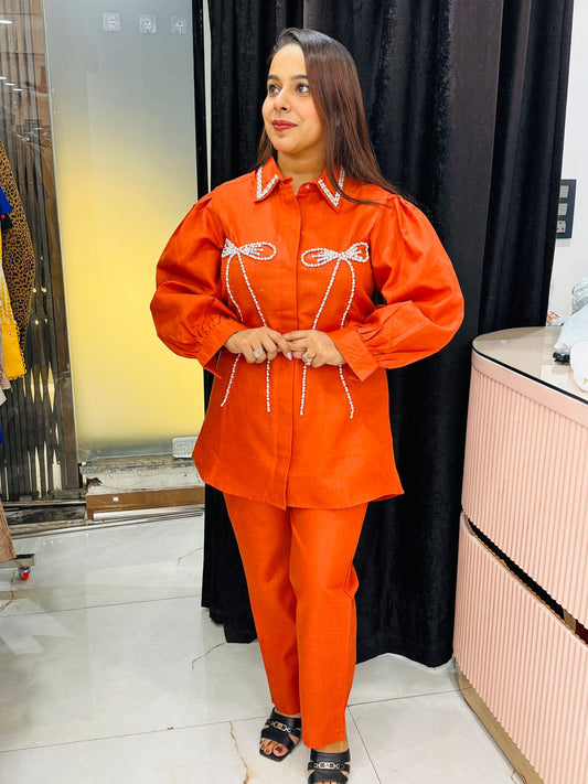 Stylish Pearl Bow Embellished Co-ord Set for Women | Shirt & Pants Combo