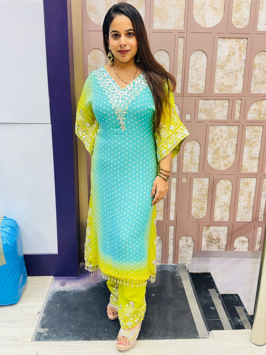 Aqua Blue & Lime Green Polka Dot Kaftan Suit with Thread Embroidery