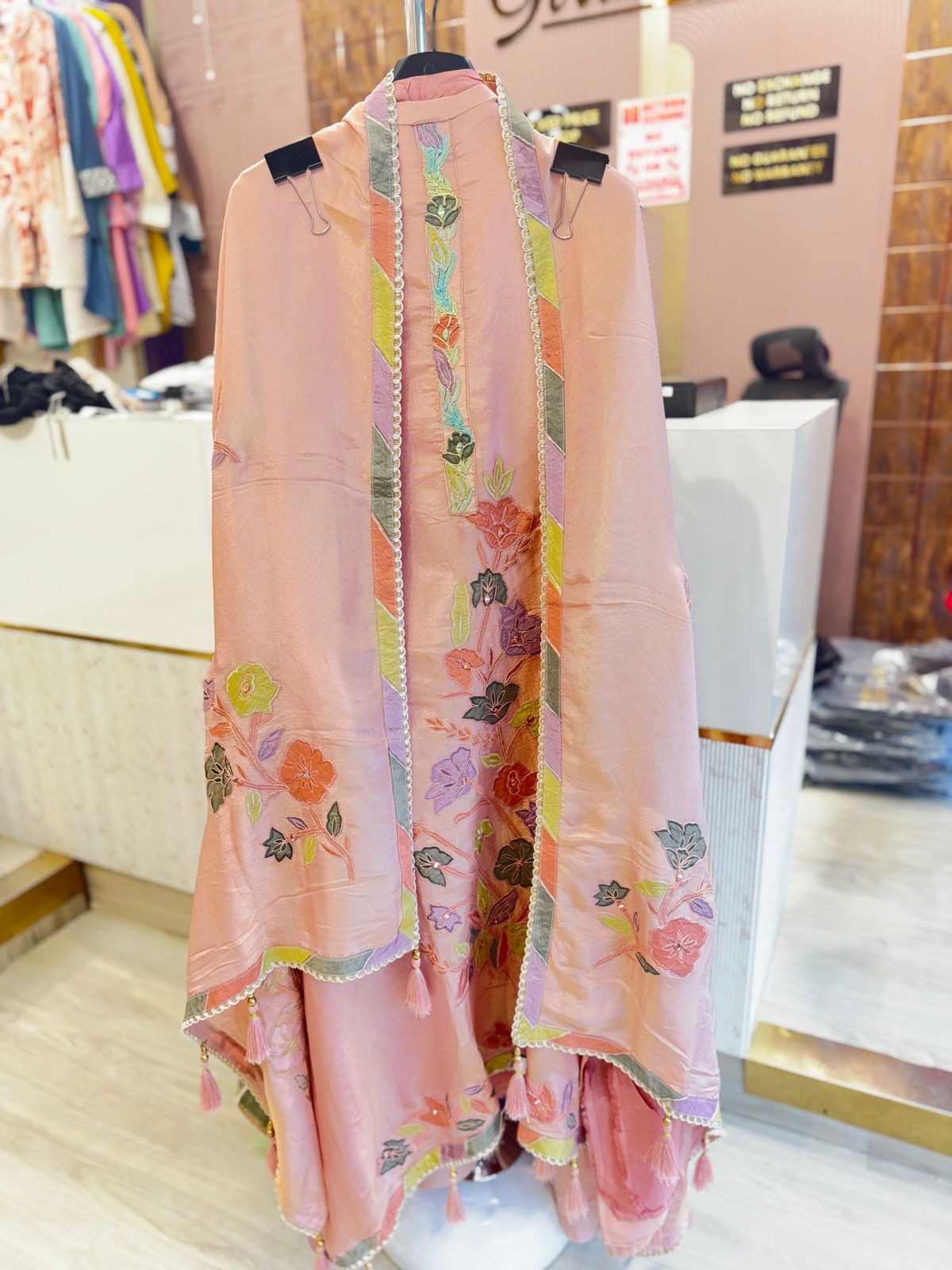 Peach Multicolor Embroidered Unstitched Suit with Tassel Detailing
