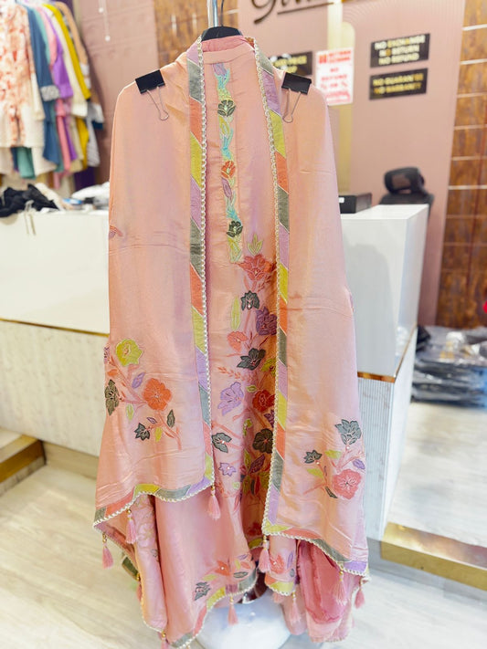 Peach Multicolor Embroidered Unstitched Suit with Tassel Detailing