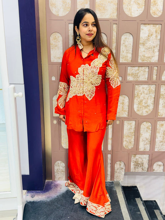 Red Chinon Co-ord Set with Heavy Embroidery