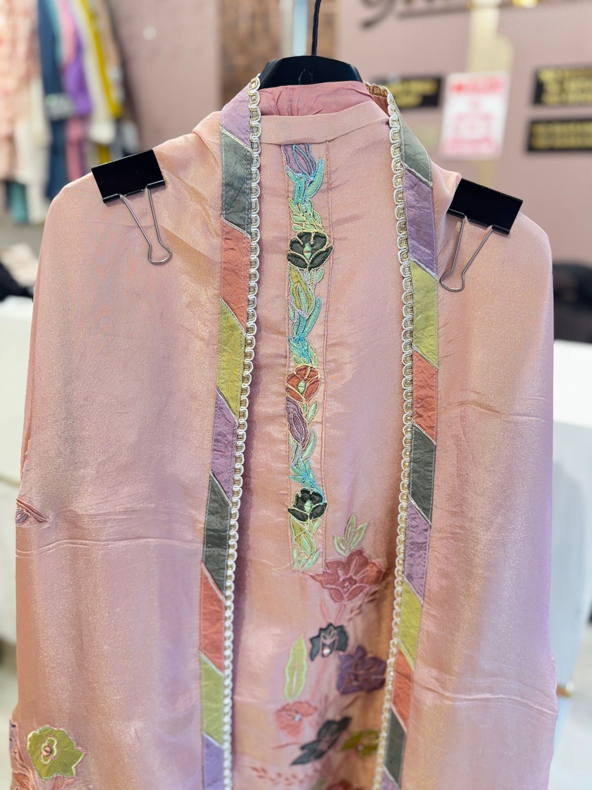 Peach Multicolor Embroidered Unstitched Suit with Tassel Detailing